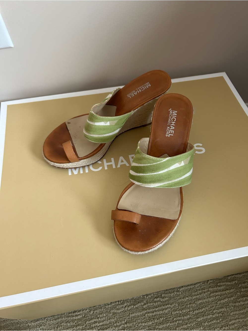 Michael Kors Green Striped Espadrille Wedge Sandals